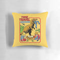 Vintage-style pillow with a time travel and dinosaur theme, perfect for adding a touch of nostalgia to any room.