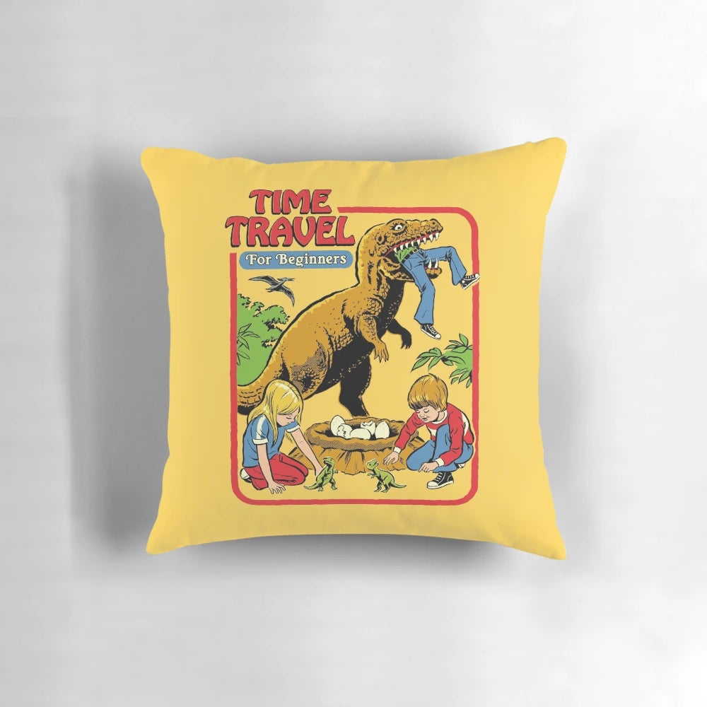 Vintage-style pillow with a time travel and dinosaur theme, perfect for adding a touch of nostalgia to any room.