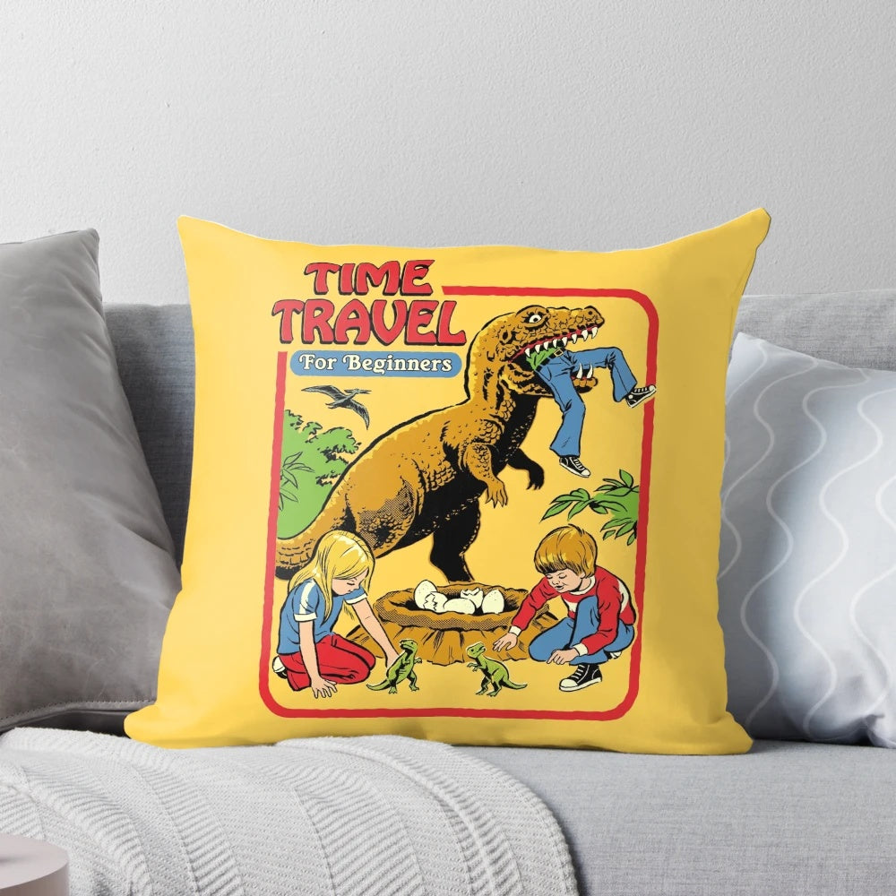 Vintage-style pillow with a time travel and dinosaur theme, perfect for adding a touch of nostalgia to any room.