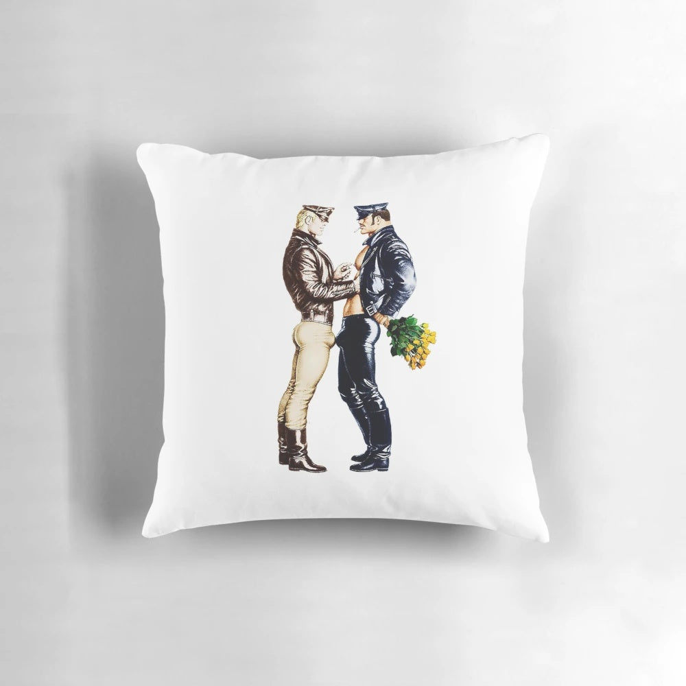 Vintage-inspired Tom of Finland t-shirt pillow with retro 90s graphic design
