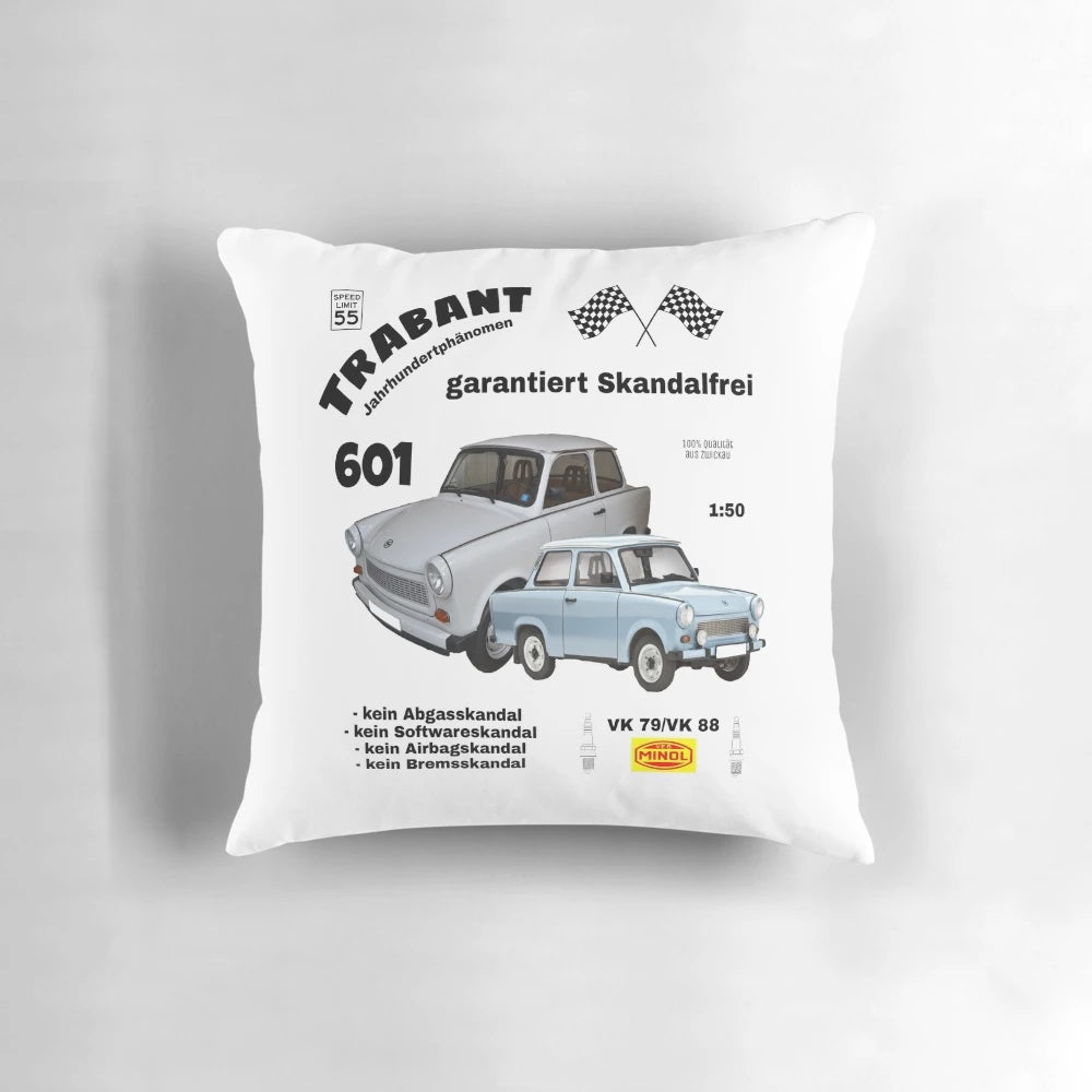 Vibrant Trabant 601 car-shaped pillow in retro colors, representing the iconic East German automobile.