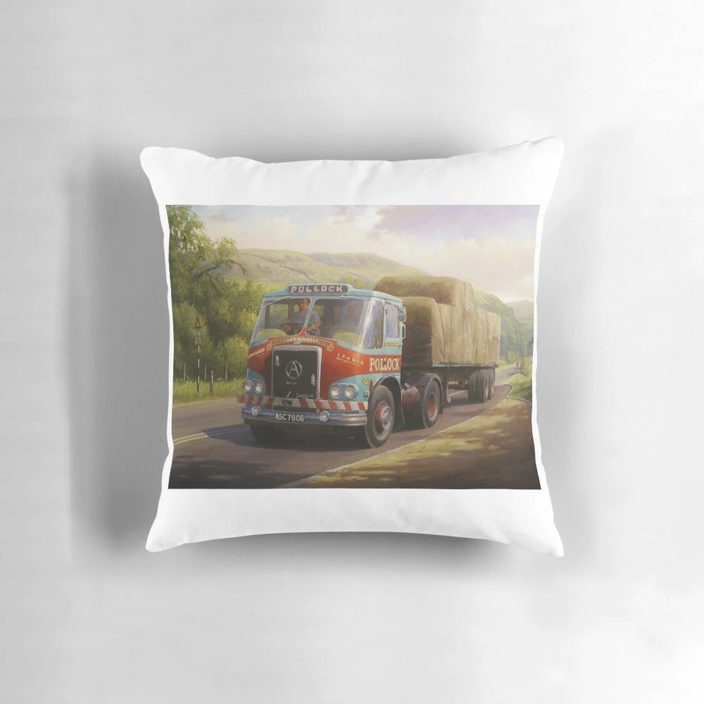 Vintage transportation art print featuring the "Pollocks Atkinson Cannonball" classic lorry on a decorative pillow.
