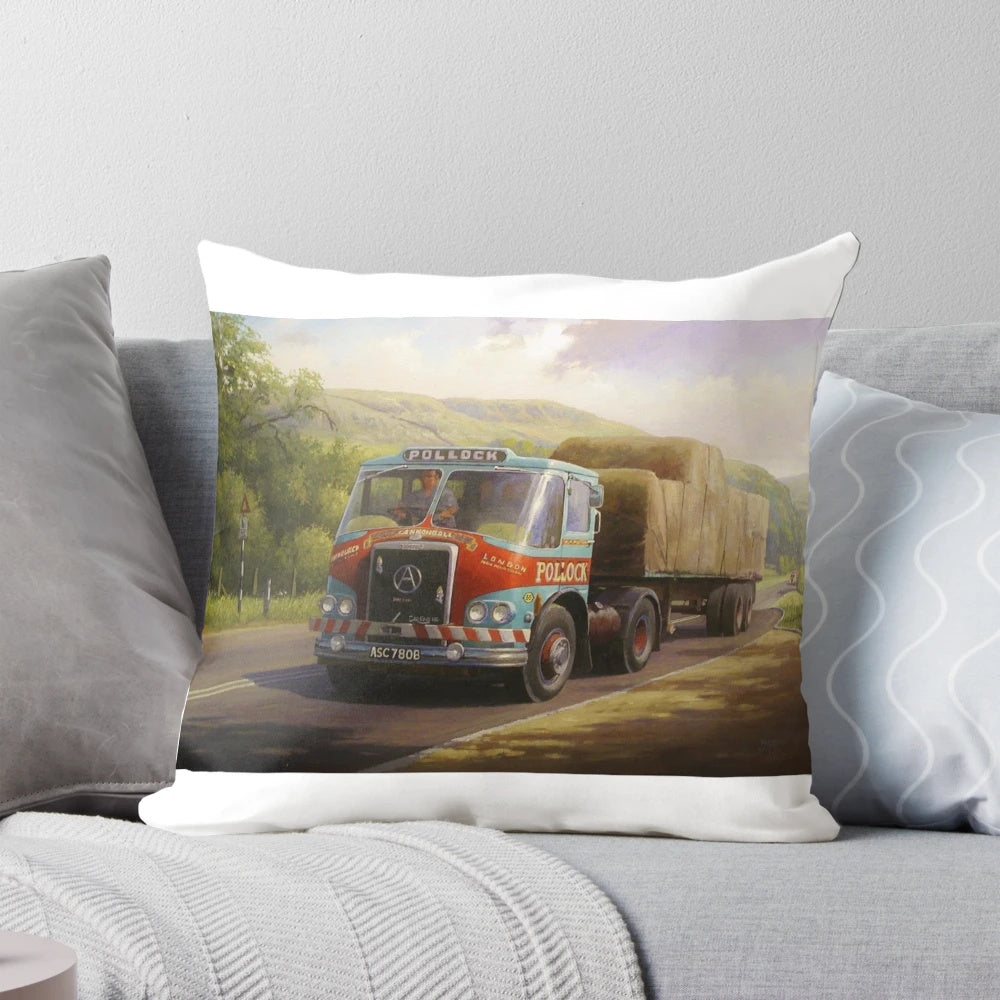 Vintage transportation art print featuring the "Pollocks Atkinson Cannonball" classic lorry on a decorative pillow.