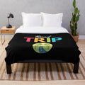 Vintage travel-inspired plush blanket featuring a scenic mountain and forest landscape