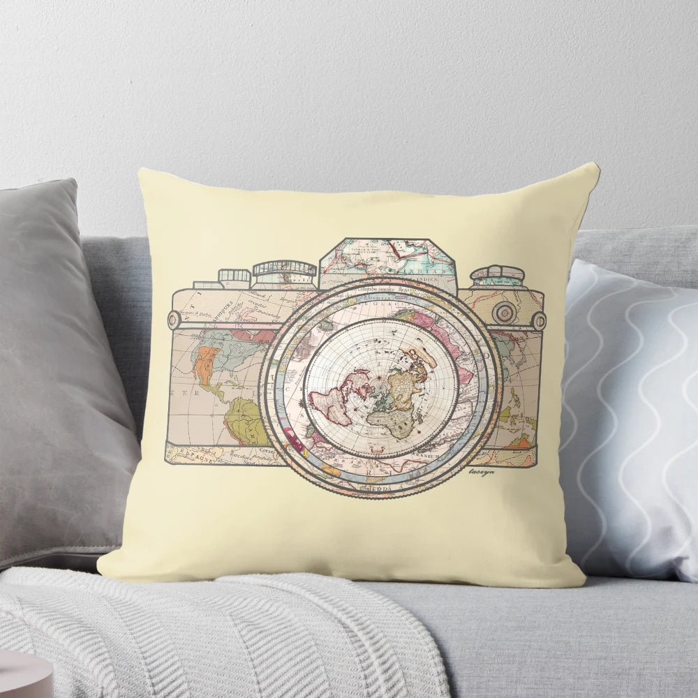 Vintage-inspired travel pillow with floral pattern and world map graphics