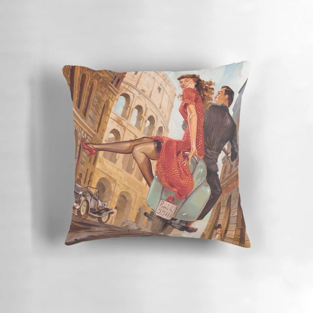 Vintage travel poster of Rome decorative pillow with couple