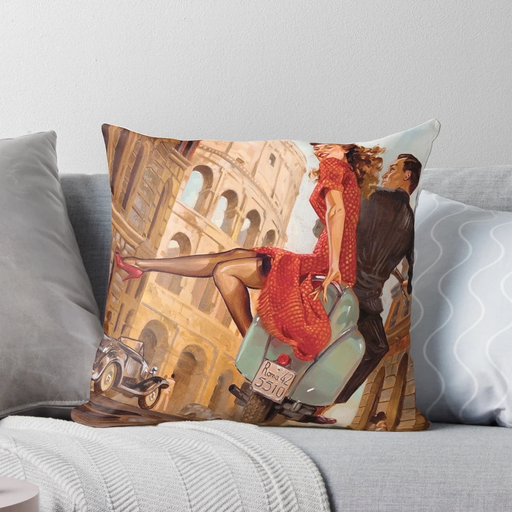 Vintage travel poster of Rome decorative pillow with couple