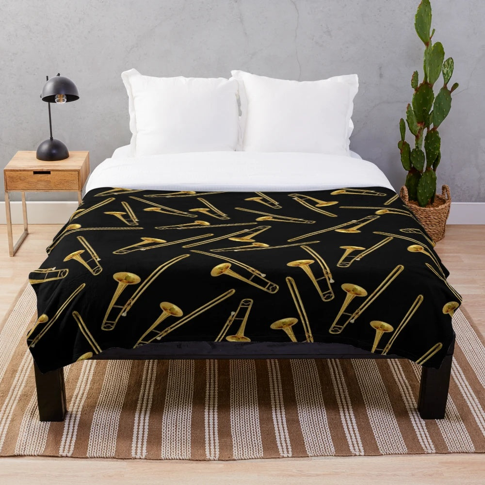 Vintage gold trombone plush blanket for music enthusiasts