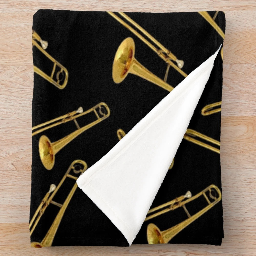 Vintage gold trombone plush blanket for music enthusiasts