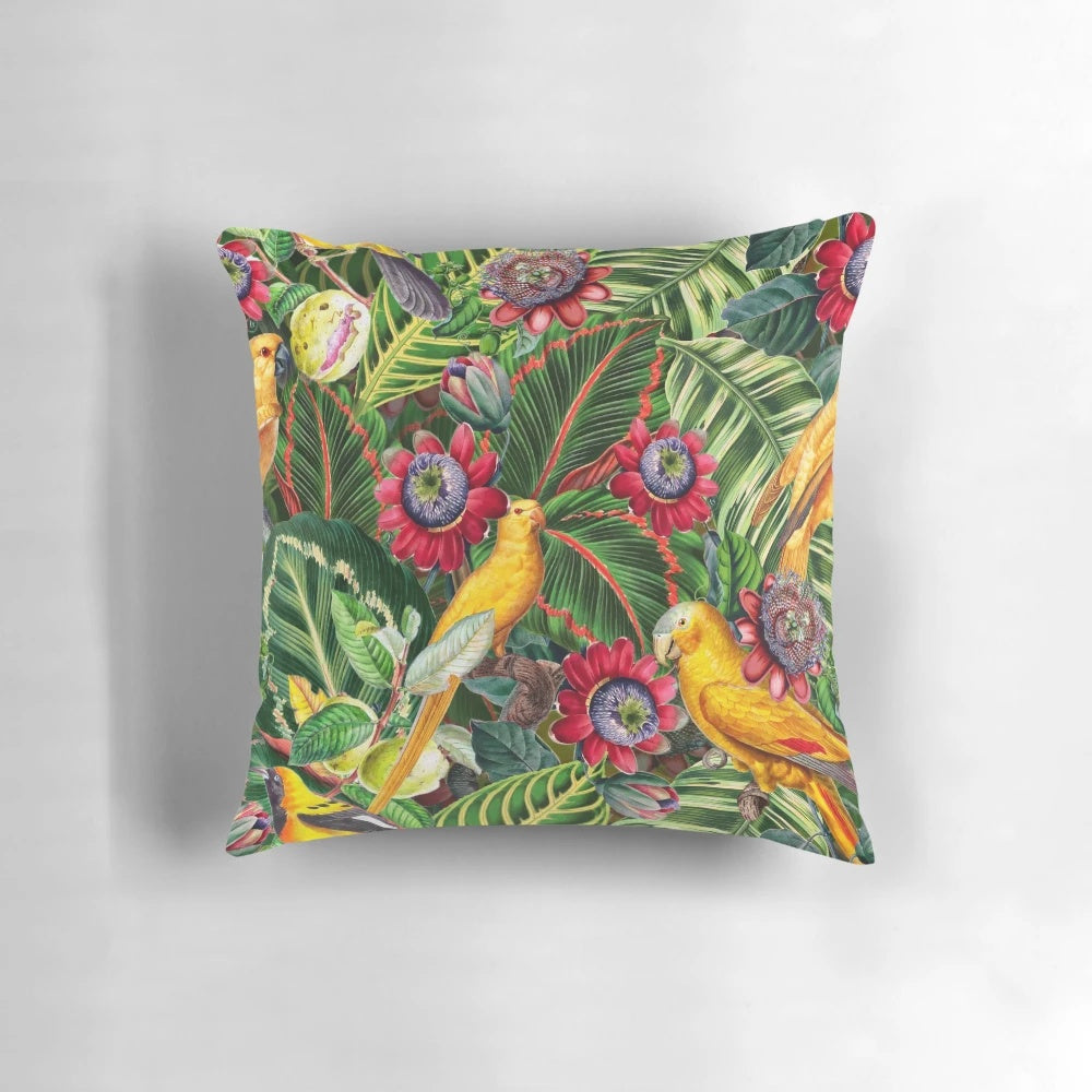 Vintage tropical bird jungle botanical garden pillow with floral and parrot design