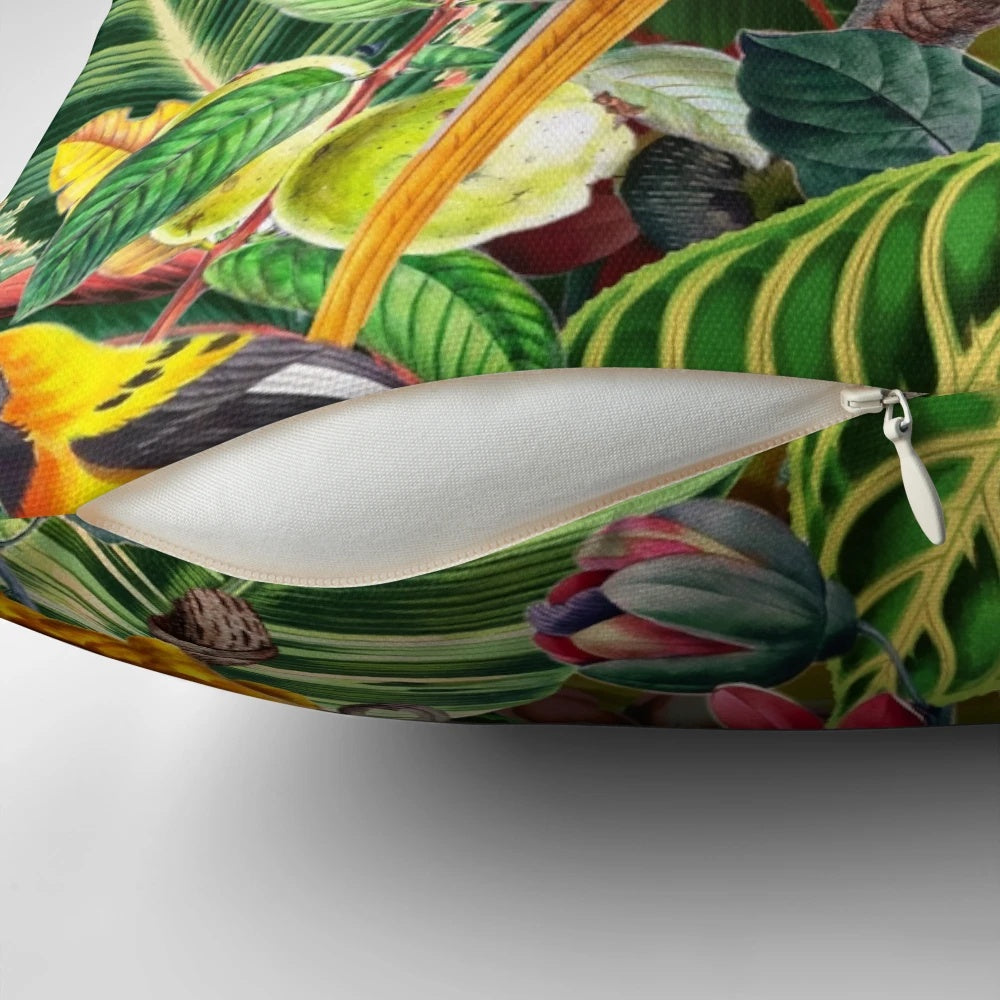 Vintage tropical bird jungle botanical garden pillow with floral and parrot design