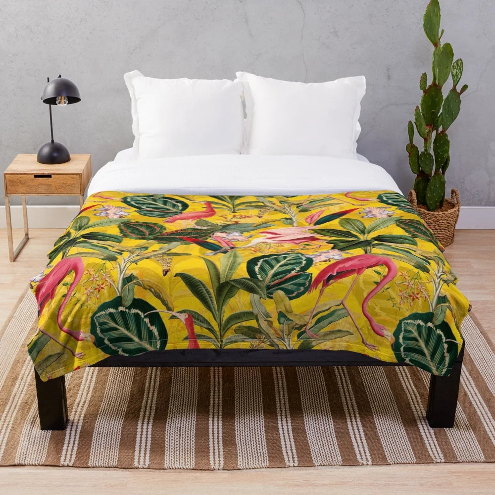 Vintage tropical bird jungle botanical plush blanket
