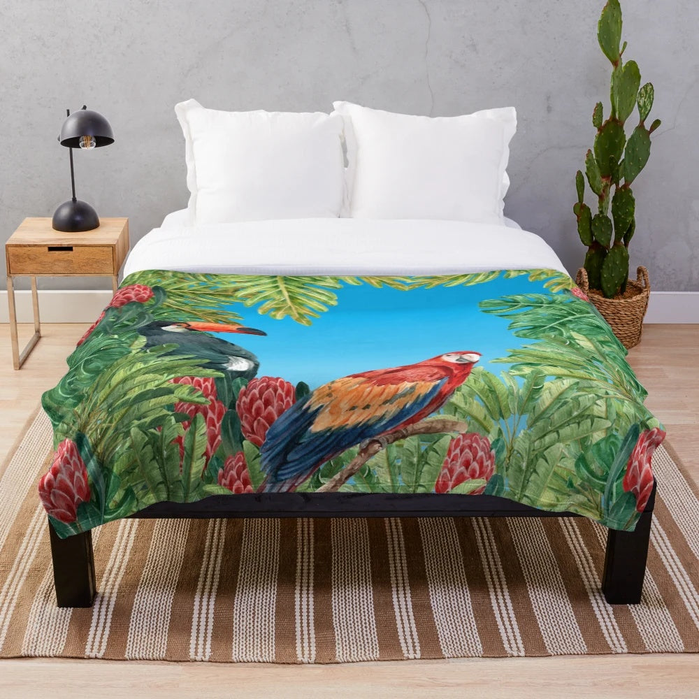 Vintage tropical bird jungle plush blanket with a floral and botanical design