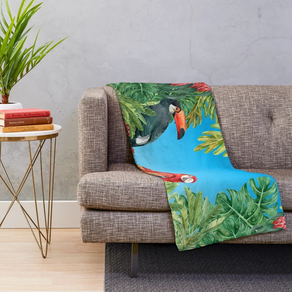 Vintage tropical bird jungle plush blanket with a floral and botanical design