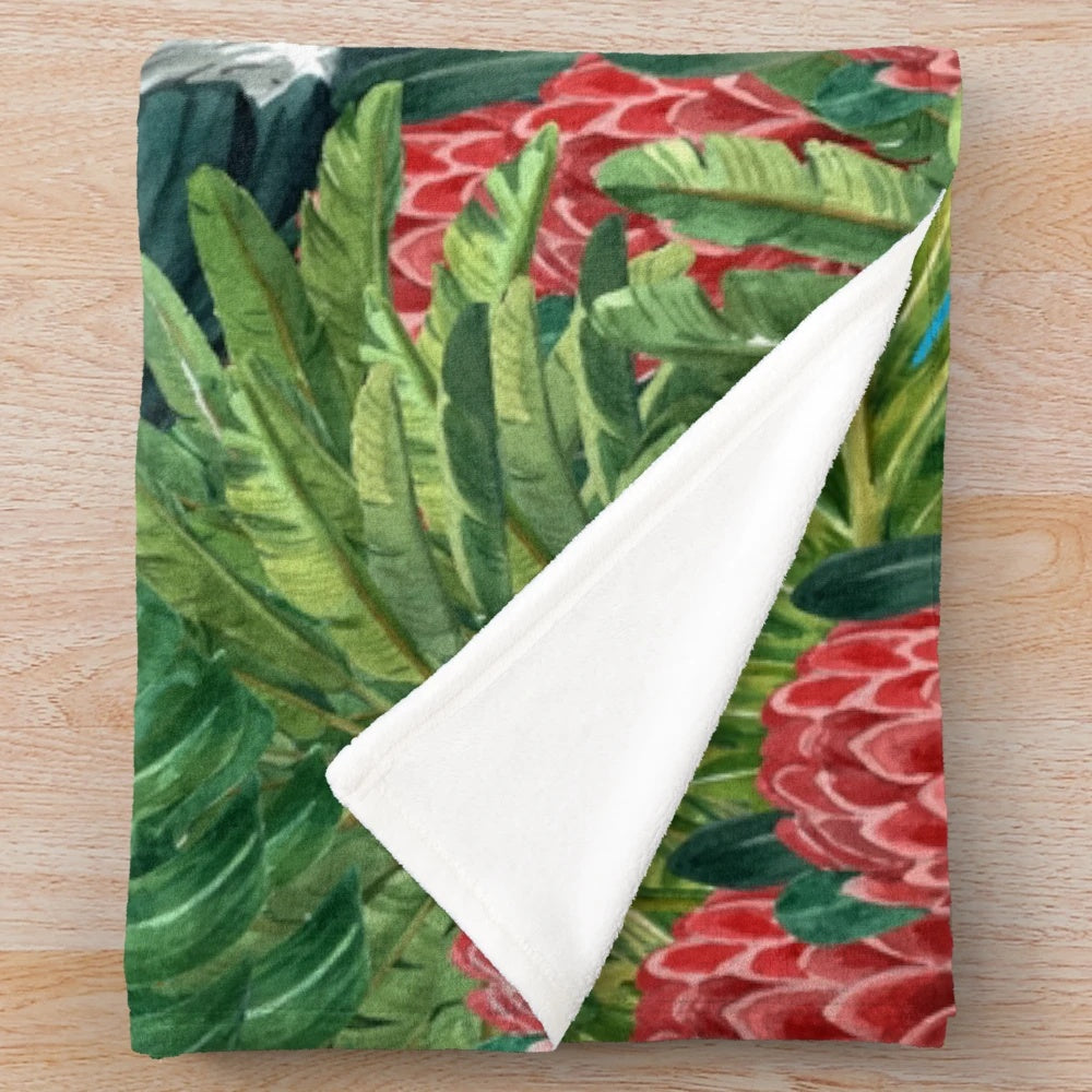 Vintage tropical bird jungle plush blanket with a floral and botanical design