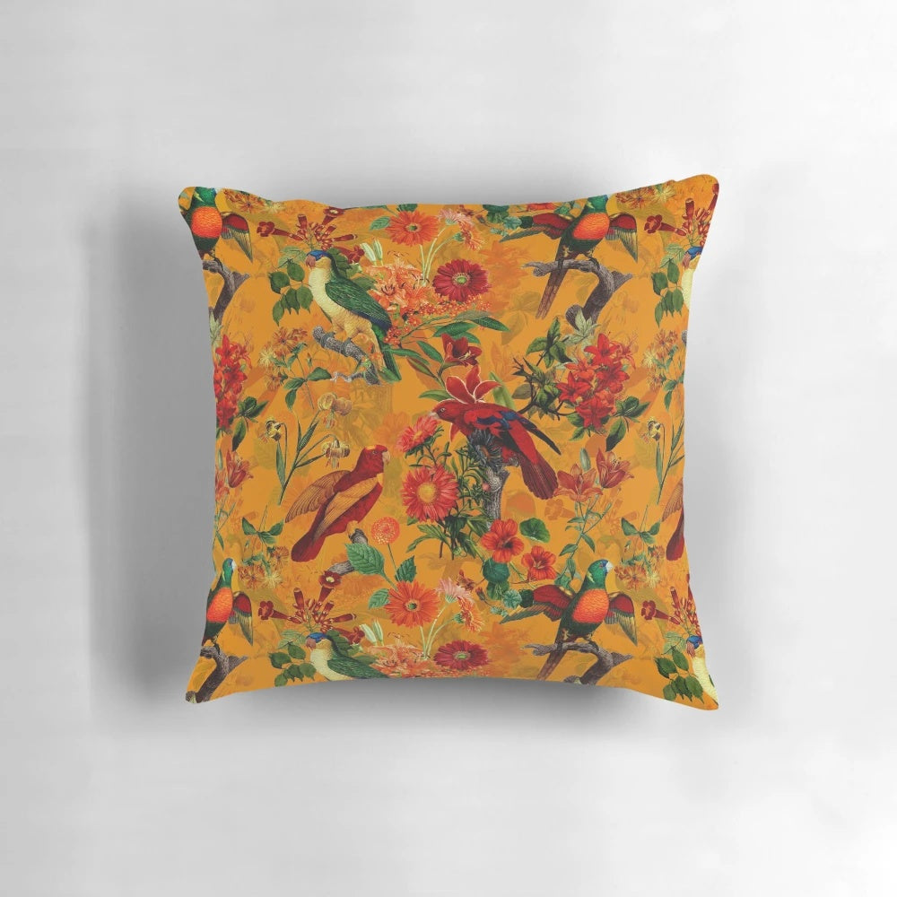 Vibrant vintage tropical botanical jungle bird pattern printed on a soft, plush pillow for home décor.