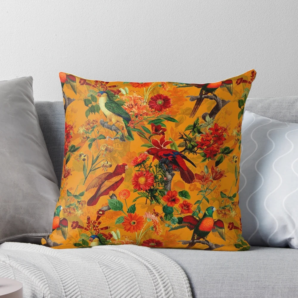 Vibrant vintage tropical botanical jungle bird pattern printed on a soft, plush pillow for home décor.
