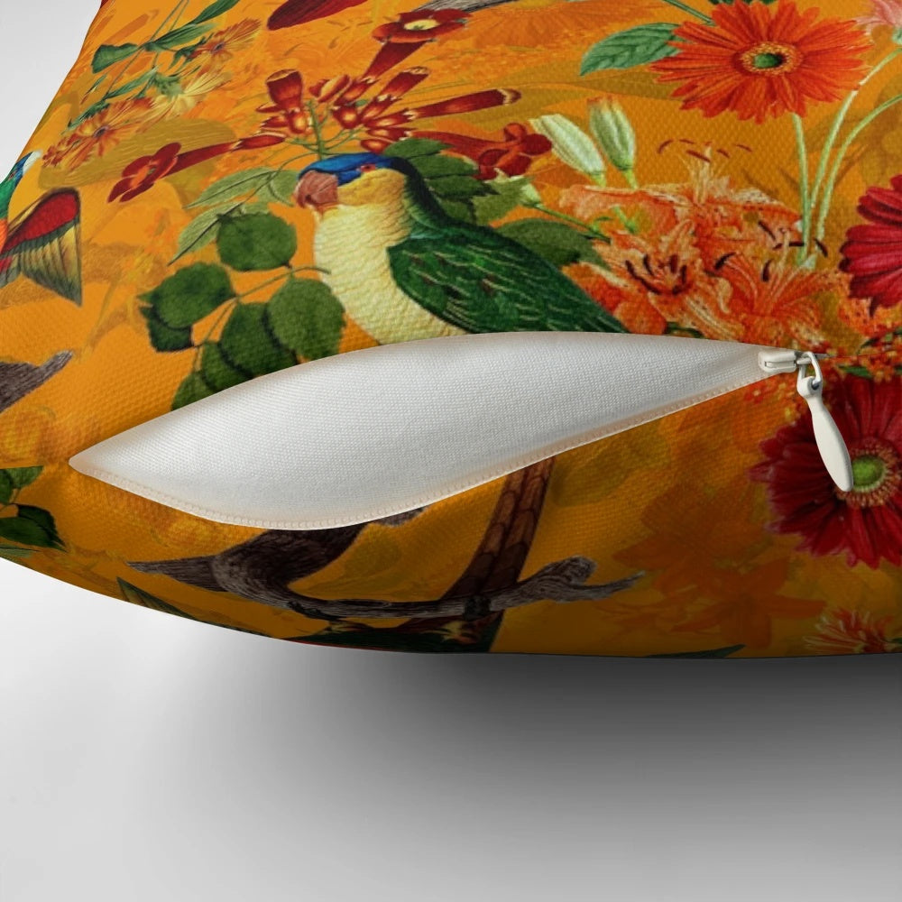 Vibrant vintage tropical botanical jungle bird pattern printed on a soft, plush pillow for home décor.