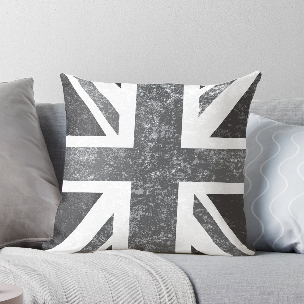 Vintage Union Jack Grayscale Flag Pillow