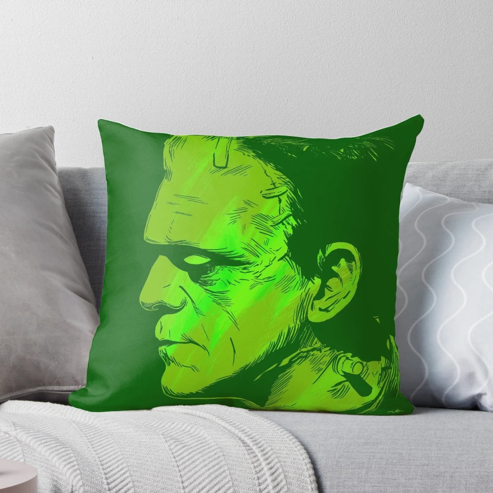 Vintage-inspired Frankenstein's Monster throw pillow featuring classic Universal Monsters imagery.