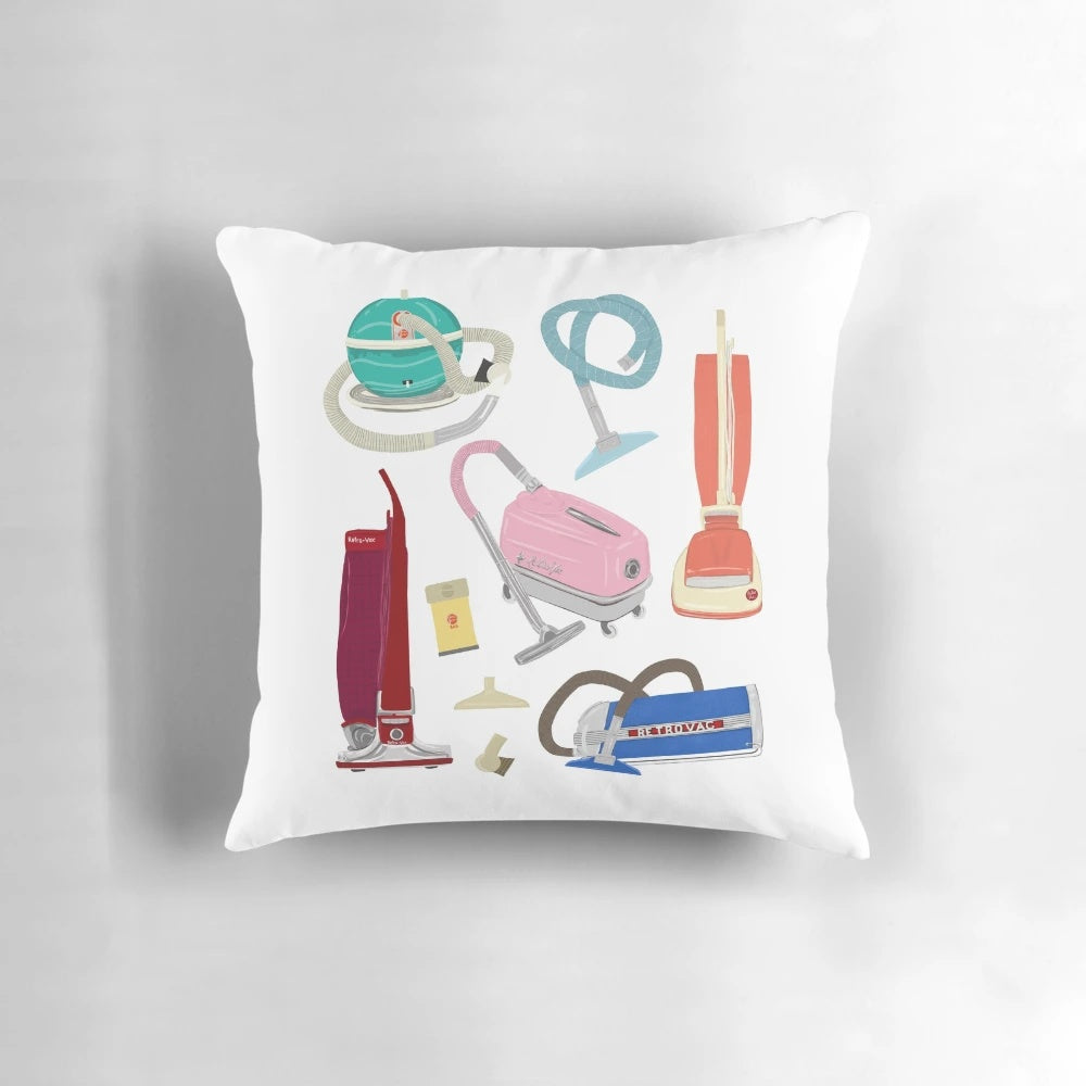 Vintage vacuum cleaner throw pillow with retro, mid-century modern design