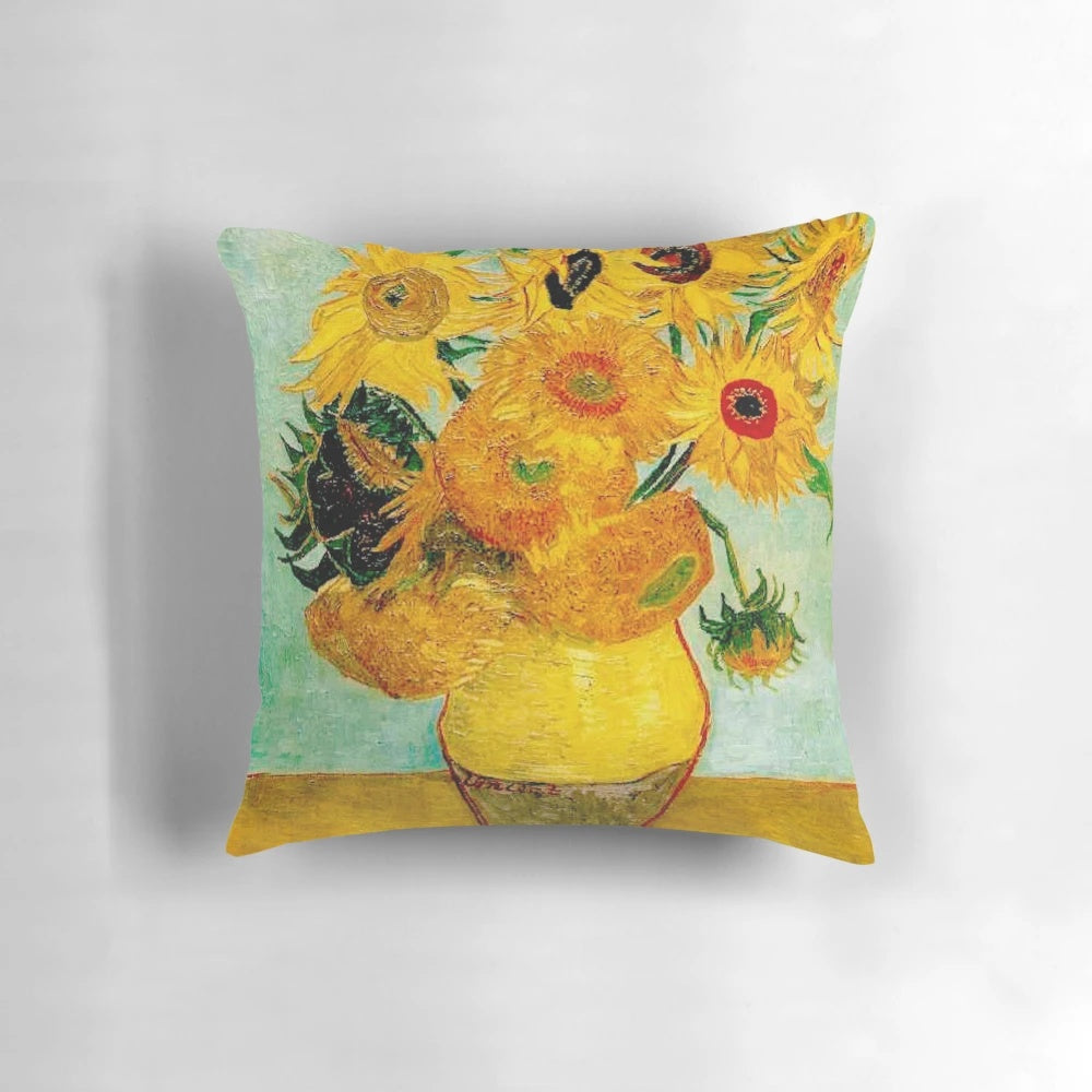 Vibrant Pillow POD featuring the iconic "Vase with Twelve Sunflowers" painting by the renowned artist Vincent van Gogh.