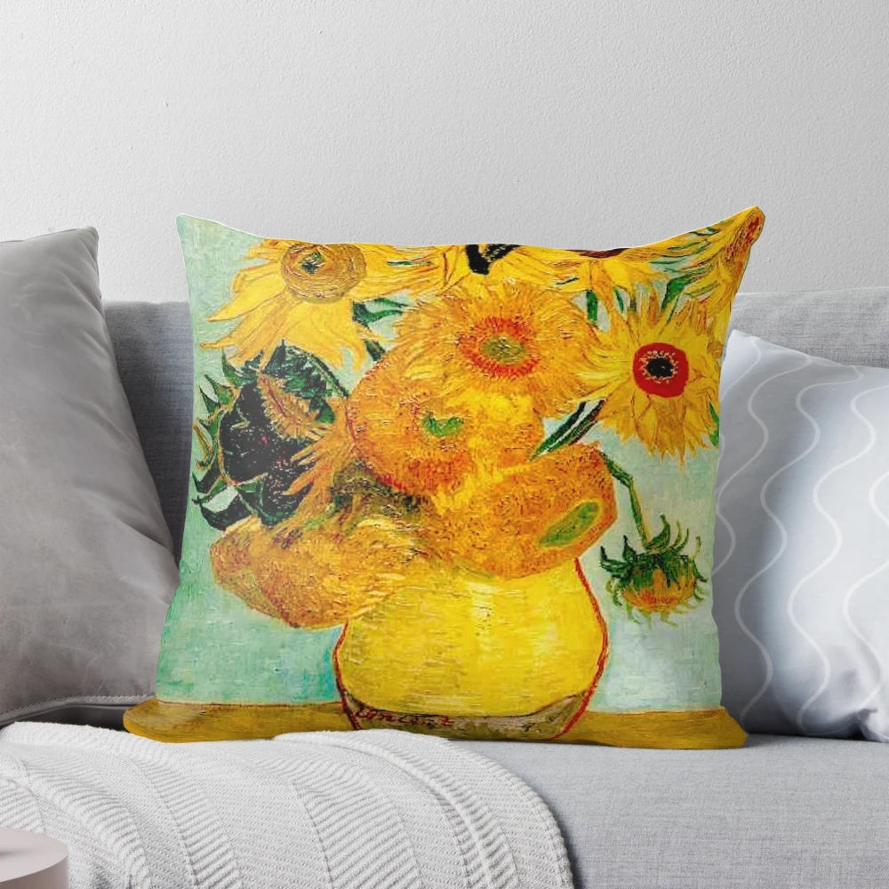 Vibrant Pillow POD featuring the iconic "Vase with Twelve Sunflowers" painting by the renowned artist Vincent van Gogh.