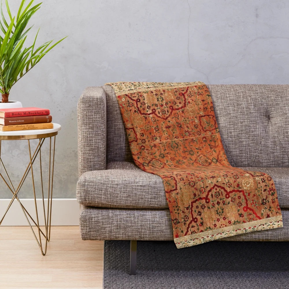 Antique velvet and silk plush blanket with floral carpet print design