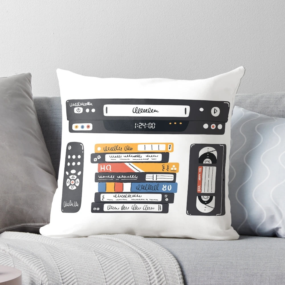 Vintage VHS videocassette tape player pillow with retro technology design