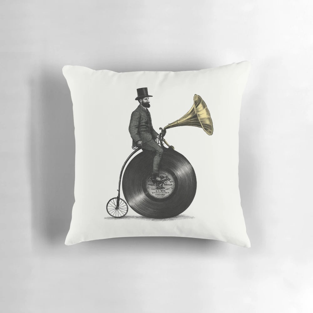 Vintage Victorian-inspired music man cycling pillow with penny farthing bicycle, gramophone, and moustache