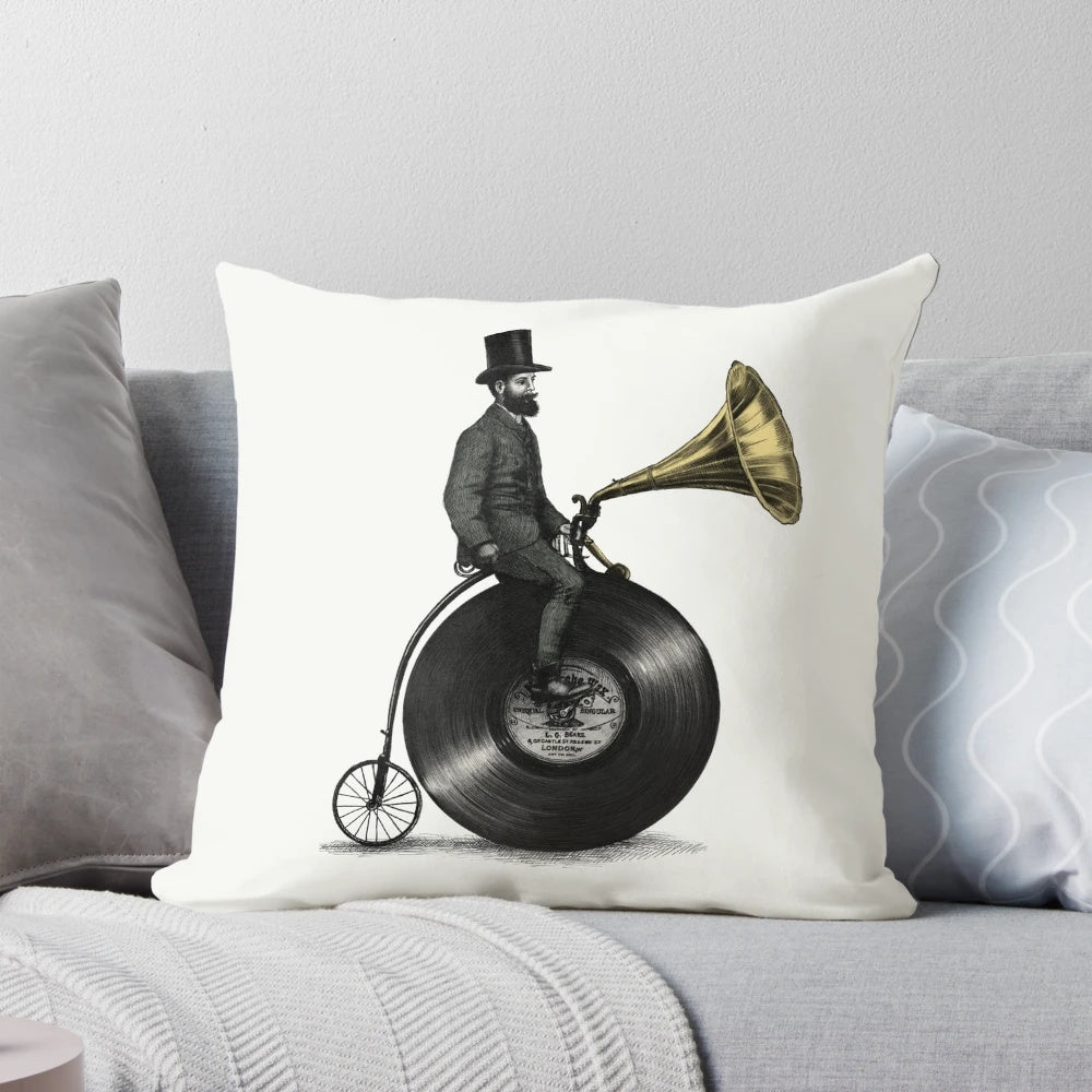 Vintage Victorian-inspired music man cycling pillow with penny farthing bicycle, gramophone, and moustache
