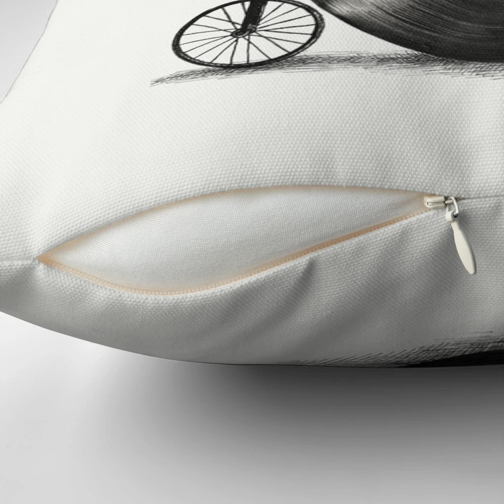 Vintage Victorian-inspired music man cycling pillow with penny farthing bicycle, gramophone, and moustache