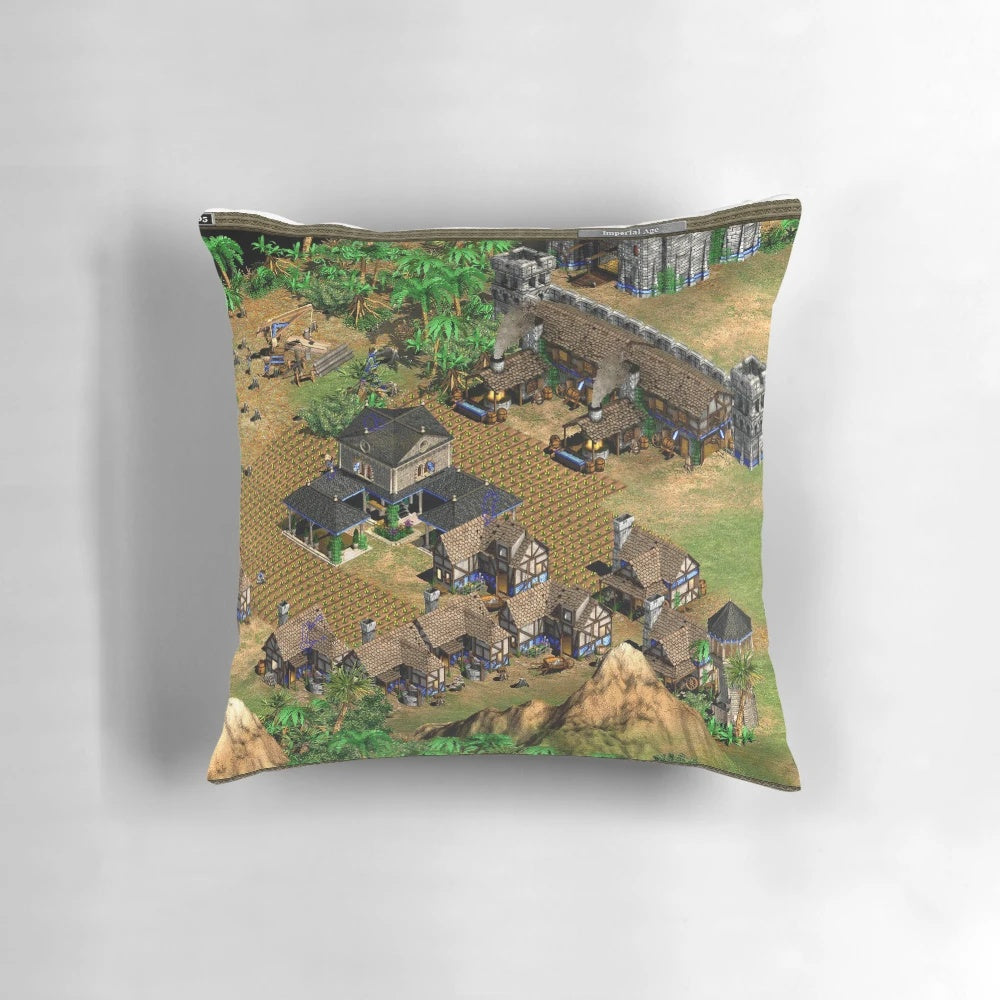 Vintage-style pillow featuring the iconic town design from the classic strategy game Age of Empires II