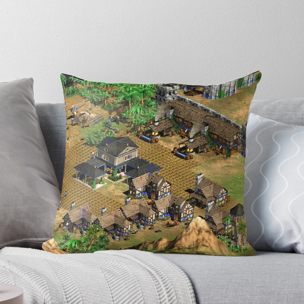 Vintage-style pillow featuring the iconic town design from the classic strategy game Age of Empires II