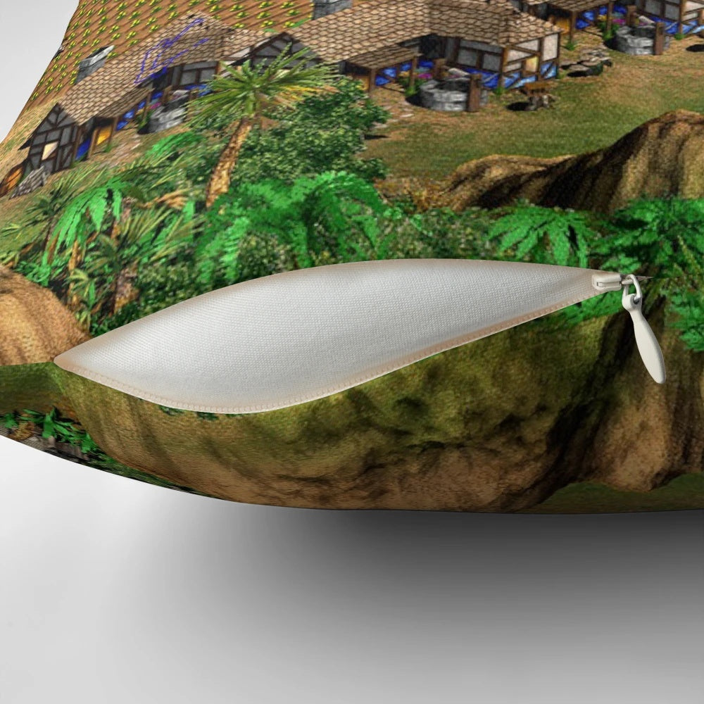 Vintage-style pillow featuring the iconic town design from the classic strategy game Age of Empires II