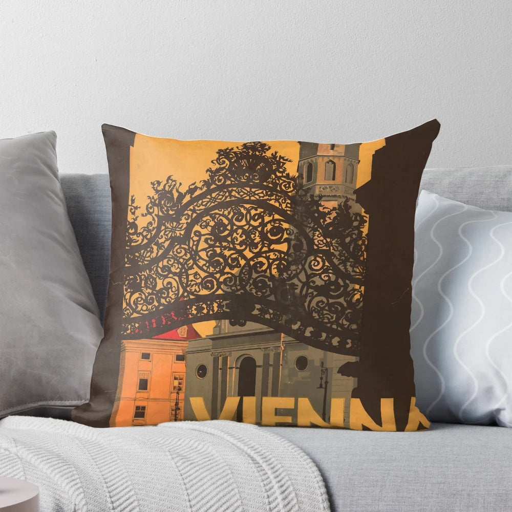 Vintage Vienna Austria travel poster printed on a soft, high-quality pillow cover
