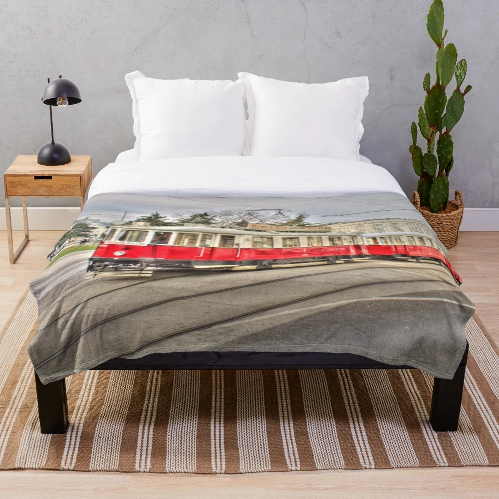 Vintage Vienna tram plush blanket featuring historical transportation imagery
