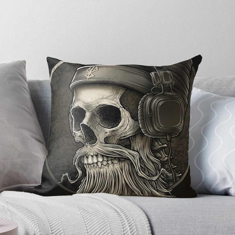 Vintage Viking Skull Beard Headphone Decorative Pillow
