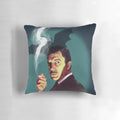 A vintage-style pillow featuring an image of the iconic horror actor Vincent Price, surrounded by bats, smoke, and a cigarette.