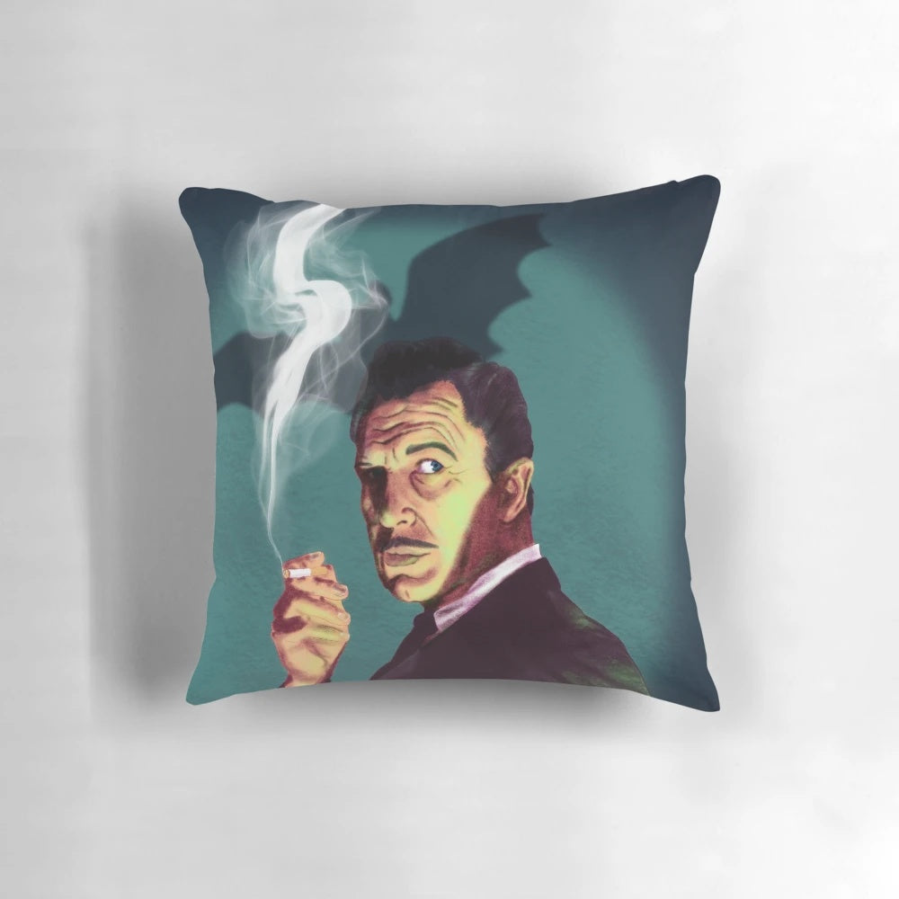 A vintage-style pillow featuring an image of the iconic horror actor Vincent Price, surrounded by bats, smoke, and a cigarette.