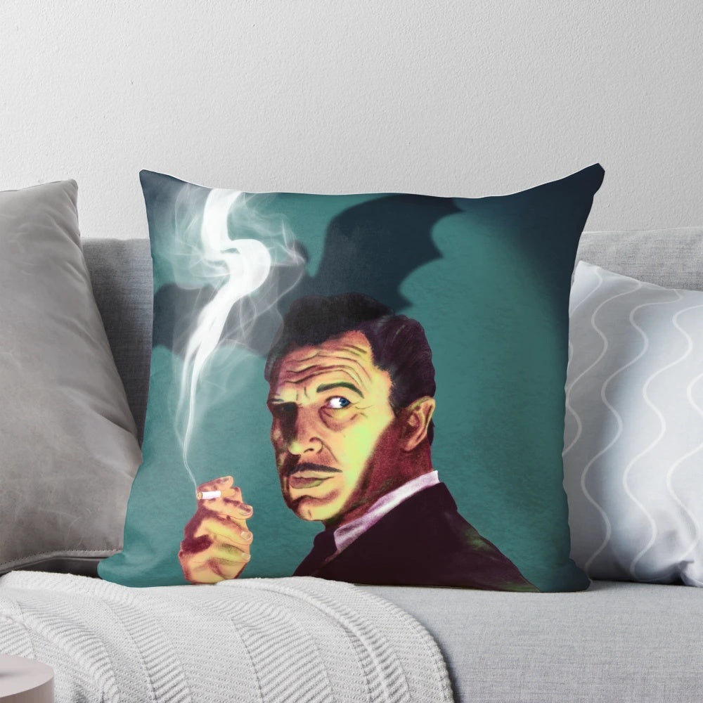 A vintage-style pillow featuring an image of the iconic horror actor Vincent Price, surrounded by bats, smoke, and a cigarette.