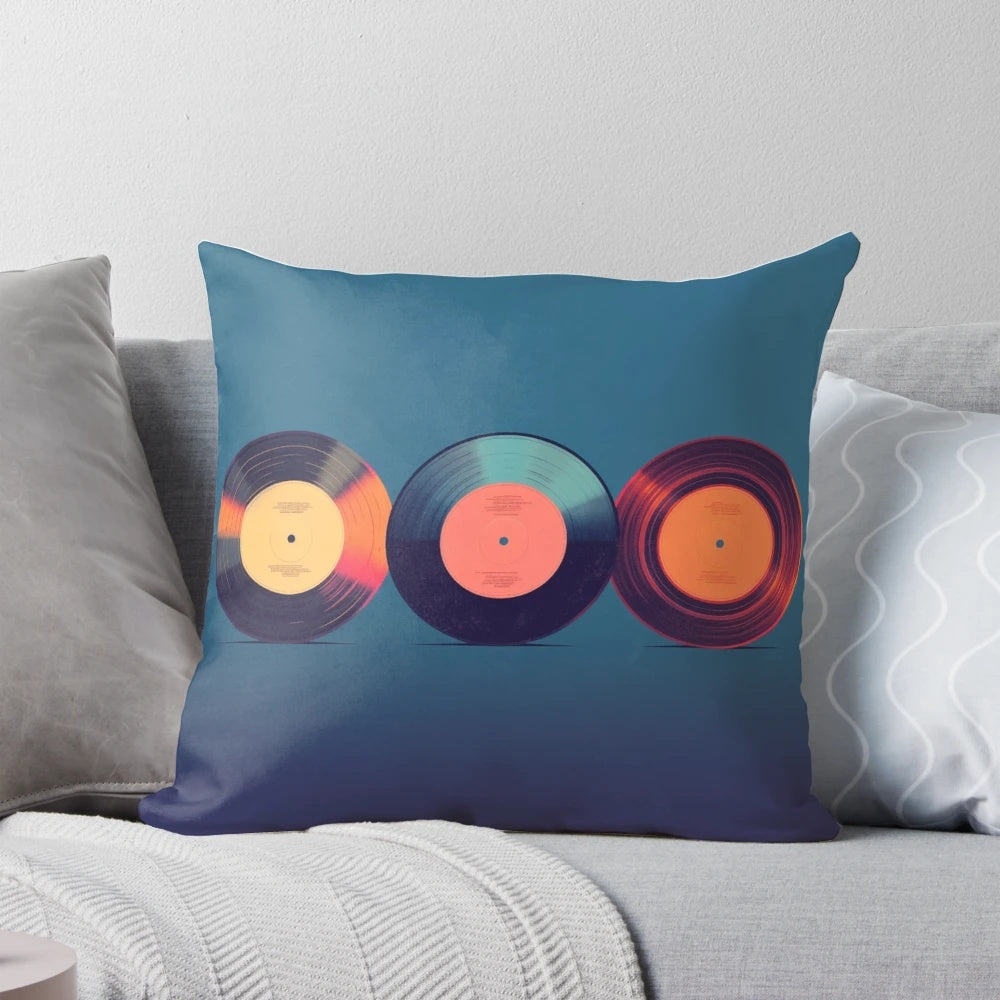 Vintage vinyl record art pillow with a retro, illustrated design