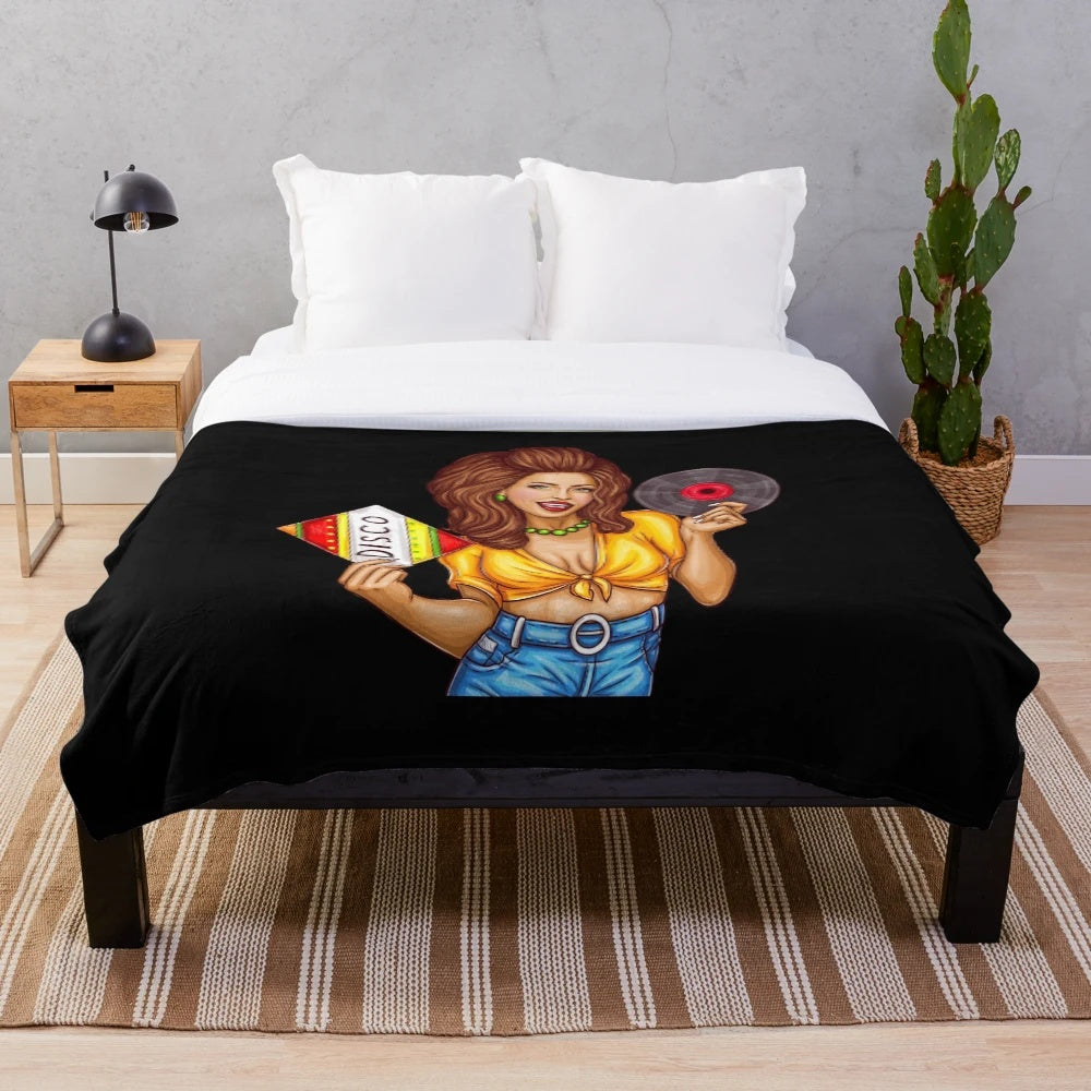 Vintage vinyl record album design plush blanket with colorful, artistic motifs