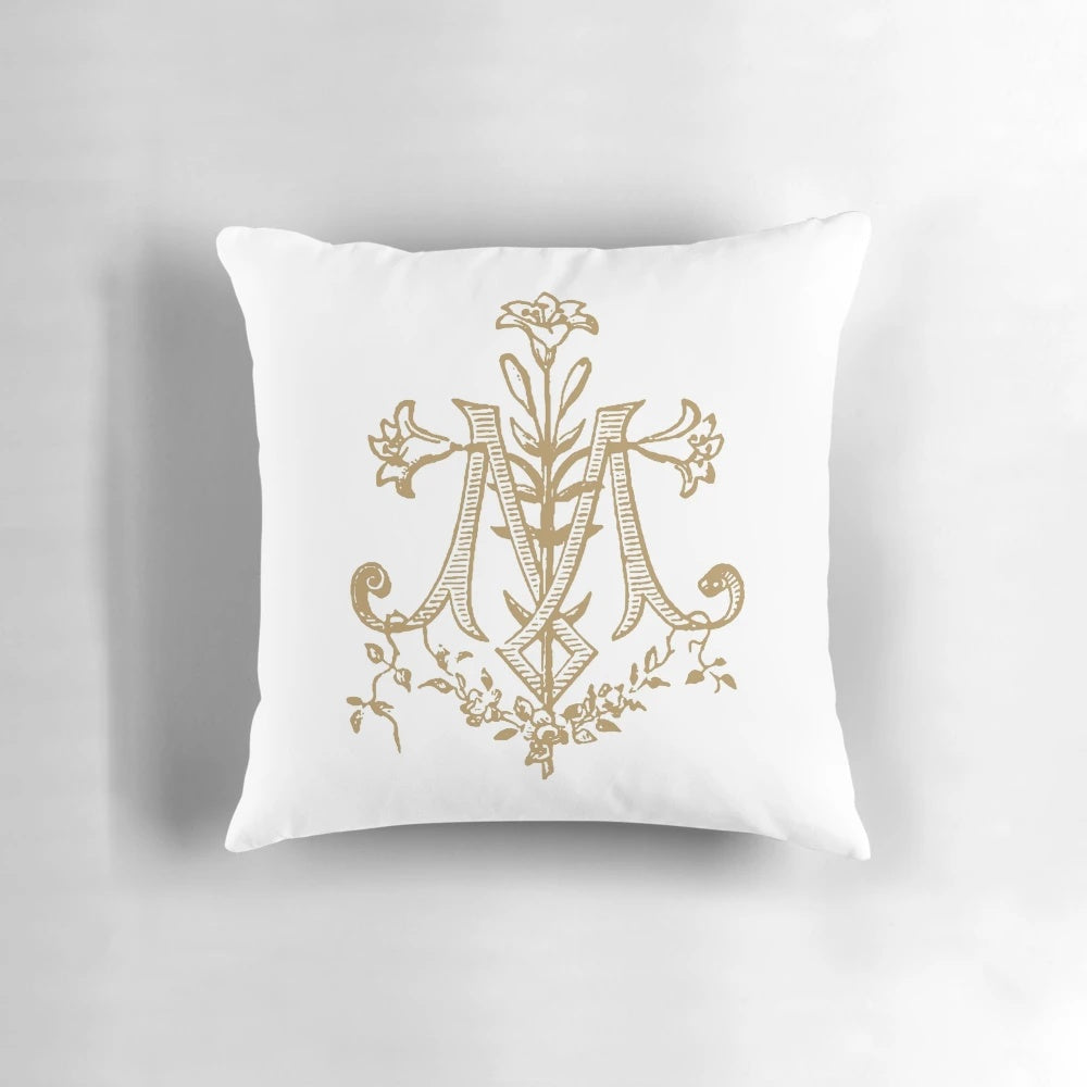Vintage Virgin Mary monogram pillow featuring the Auspice Maria prayer
