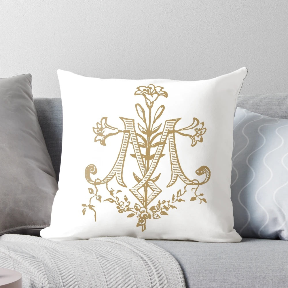 Vintage Virgin Mary monogram pillow featuring the Auspice Maria prayer