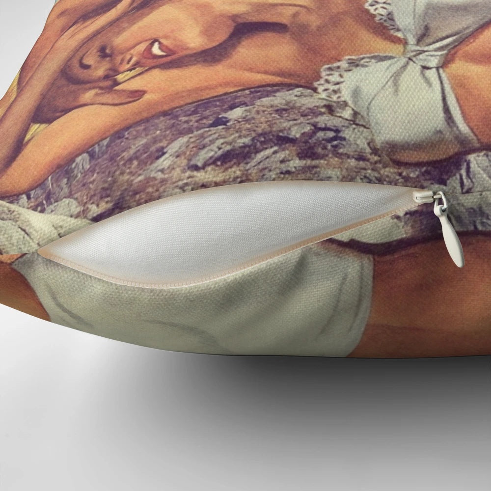 A vintage-inspired pillow featuring a colorful collage design with orange, pastels, and nature elements.