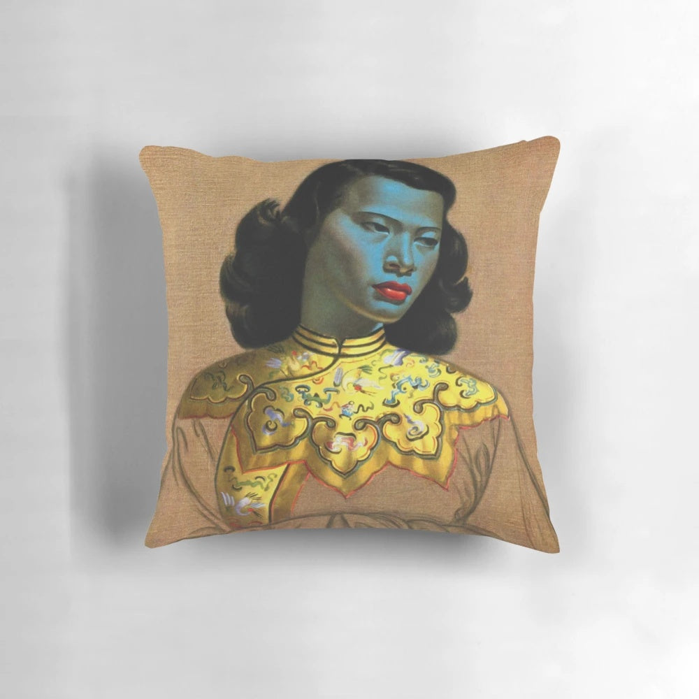 Vintage Vladimir Tretchikoff painting reproduction featuring an Asian fashion illustration on a throw pillow.