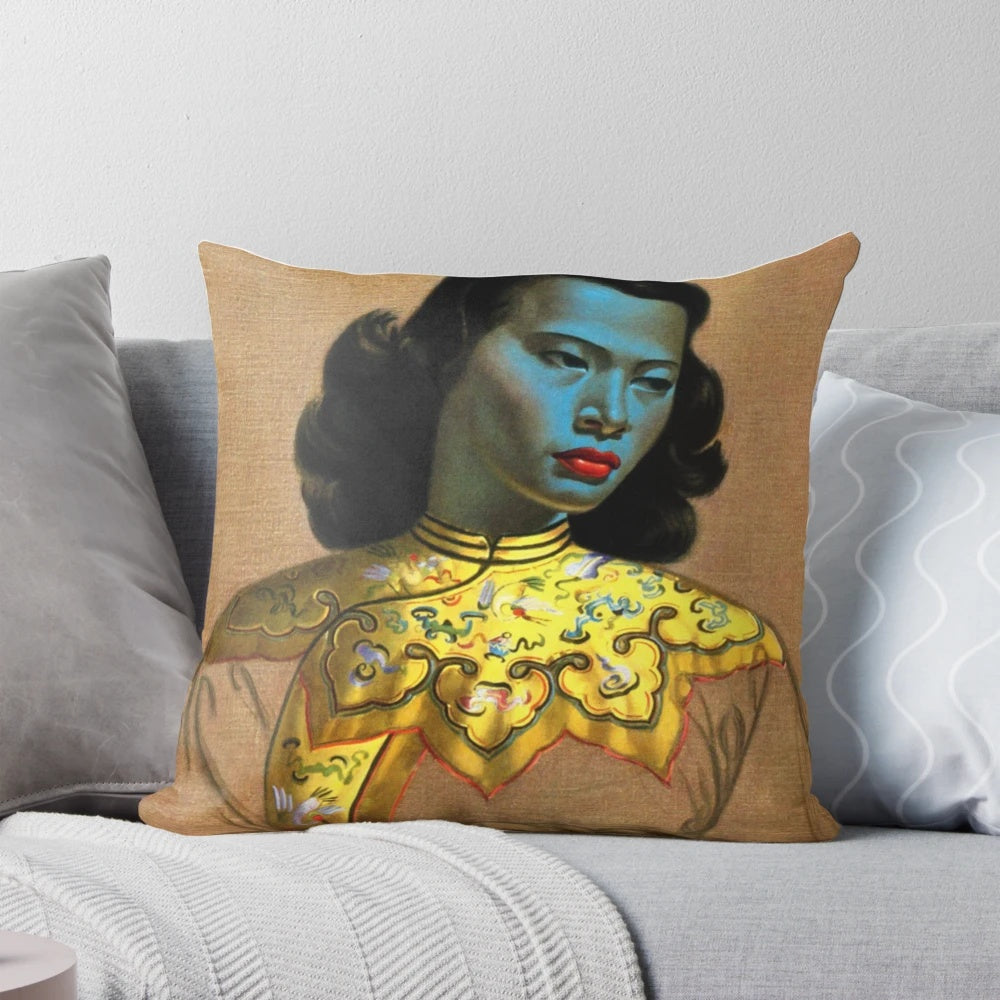 Vintage Vladimir Tretchikoff painting reproduction featuring an Asian fashion illustration on a throw pillow.