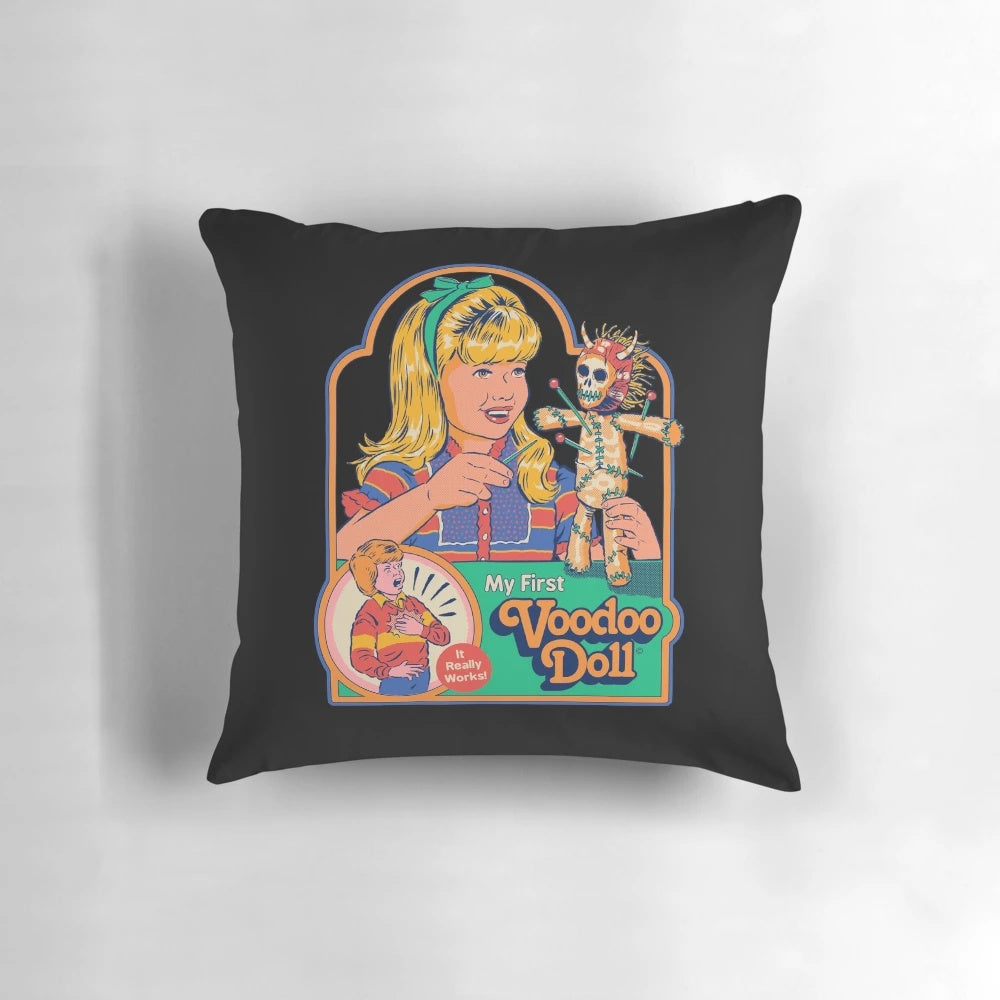 Vintage-style voodoo doll pillow with occult and horror-themed design