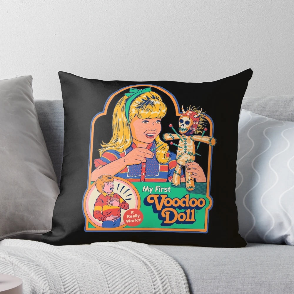 Vintage-style voodoo doll pillow with occult and horror-themed design